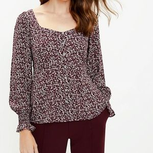 LOFT Floral Square Neck Blouse In Burgundy Size Medium